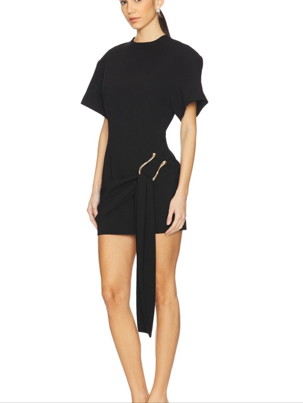 Lioness Black Short Sleeve Mini Dress with Draped Tie Detail